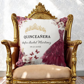 Floral Burgundy Princess Quinceanera Birthday Throw Pillow
