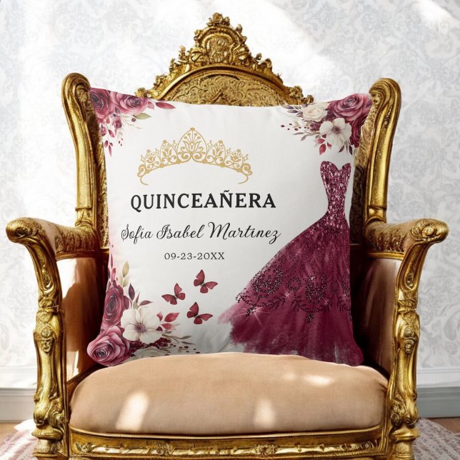 Floral Burgundy Princess Quinceanera Birthday Throw Pillow (Creator Uploaded)