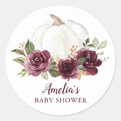 Floral Burgundy Pumpkin Baby Shower Classic Round Sticker