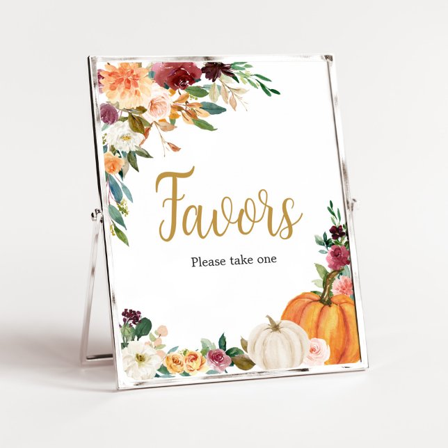 Floral Burgundy Pumpkin Baby Shower Favors Poster (Pumpkin Baby Shower Favors Sign)