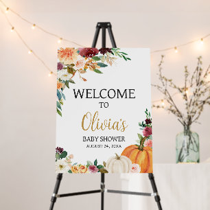 Floral Burgundy Pumpkin Baby Shower Welcome Sign