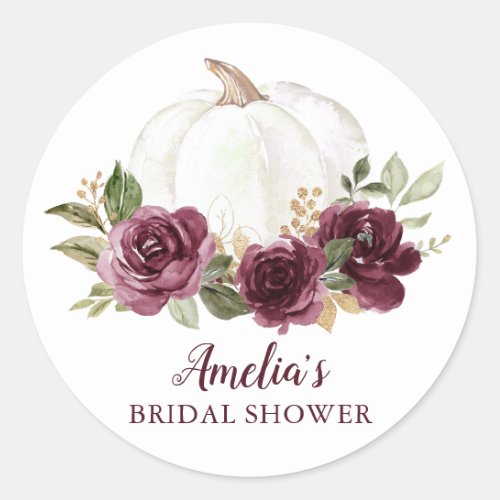 Floral Burgundy Pumpkin Bridal Shower Classic Round Sticker