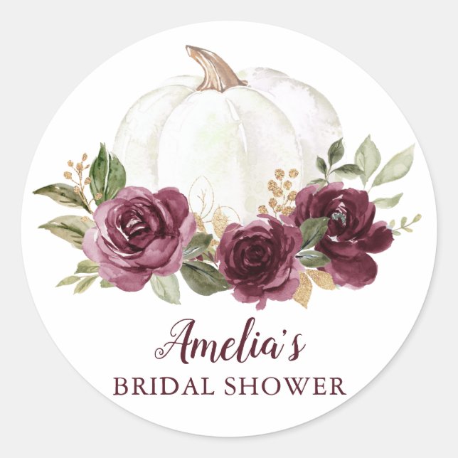 Floral Burgundy Pumpkin Bridal Shower Classic Round Sticker (Front)