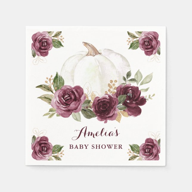 Floral Burgundy Pumpkin Fall Baby Shower Napkins (Front)