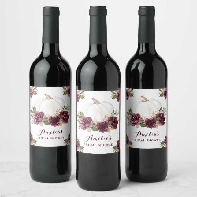 Floral Burgundy Pumpkin Fall Bridal Shower Wine Label (Bottles)