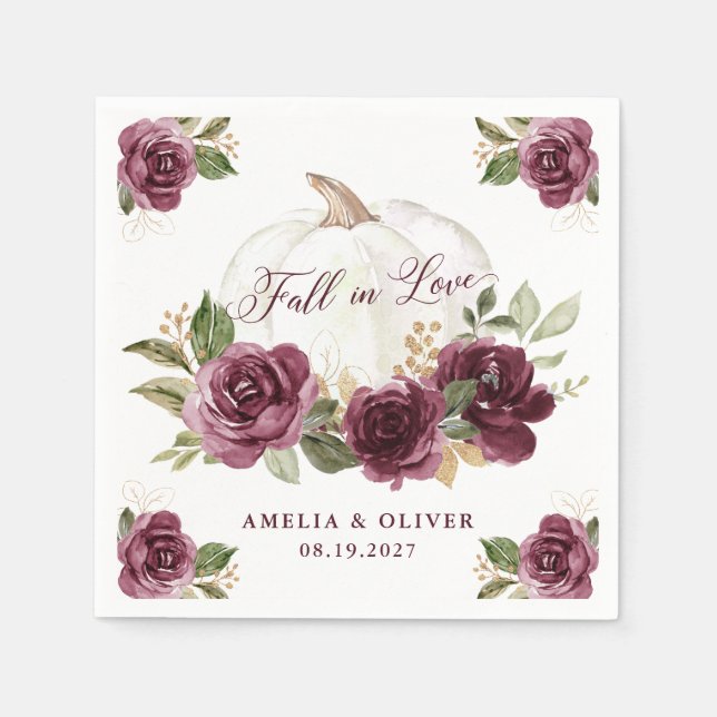 Floral Burgundy Pumpkin Fall in Love Wedding Napkins (Front)