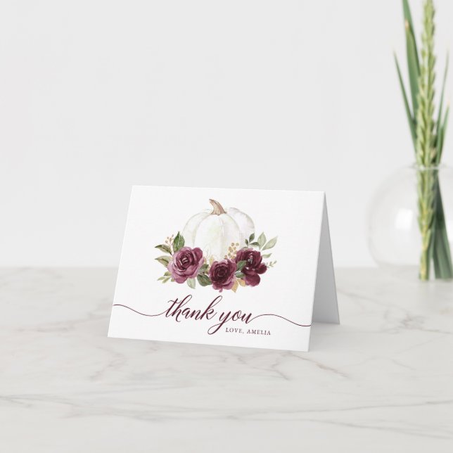 Floral Burgundy Pumpkin Fall Thank You Card (Front)