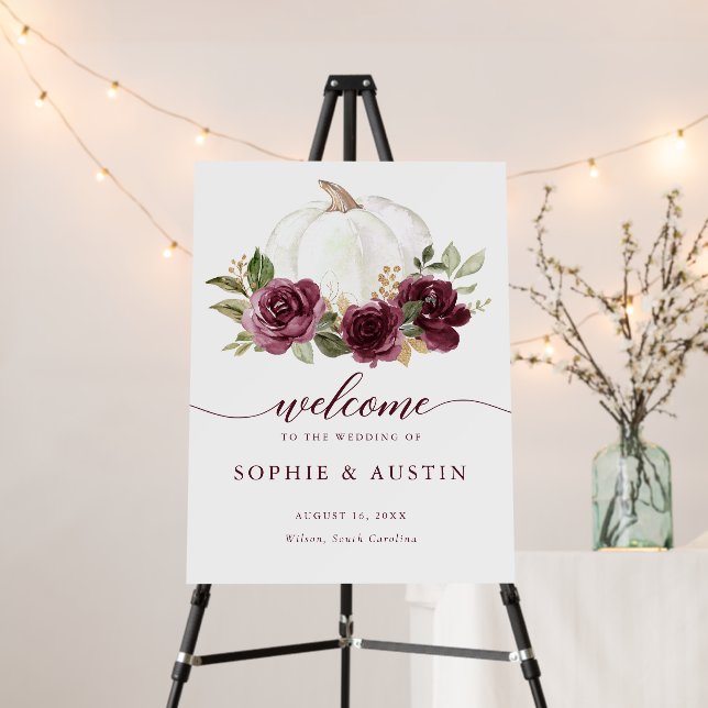 Floral Burgundy Pumpkin Fall Wedding Welcome Foam Board (In Situ (Stand))