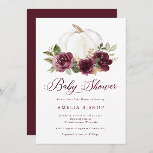 Floral Burgundy Pumpkin Gold Leaf Baby Shower Invitation