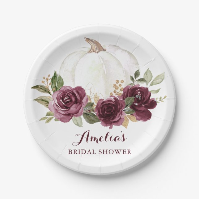 Floral Burgundy Pumpkin Marsala Bridal Shower Fall Paper Plates (Front)