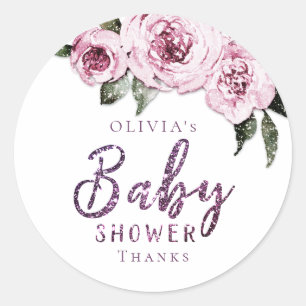 Floral burgundy purple glitter baby shower classic round sticker