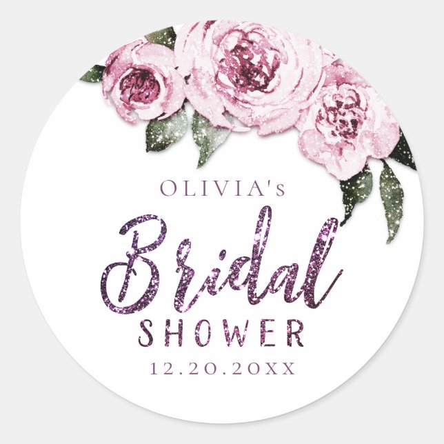Floral burgundy purple glitter bridal shower classic round sticker (Front)