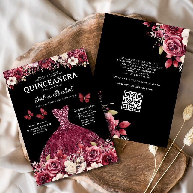 Floral Burgundy QR Code Princess Quinceanera Invitation (Creator Uploaded)