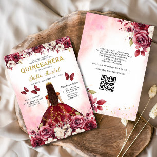 Floral Burgundy QR Code Princess Quinceanera Invitation