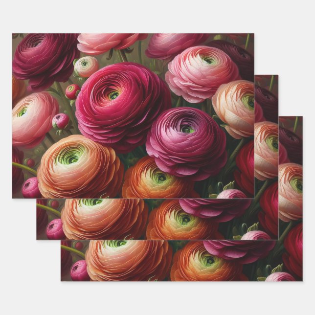 Floral Burgundy Ranunculus Decoupage Wrapping Paper Sheets (Set)