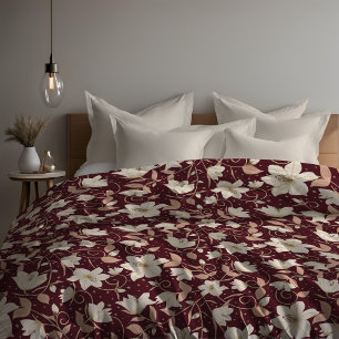 Floral Burgundy Red Beige Lily Botanical Pattern Duvet Cover