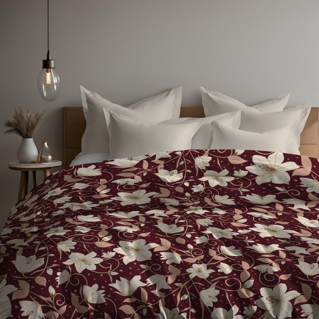 Floral Burgundy Red Beige Lily Botanical Pattern   Duvet Cover (Creator Uploaded)
