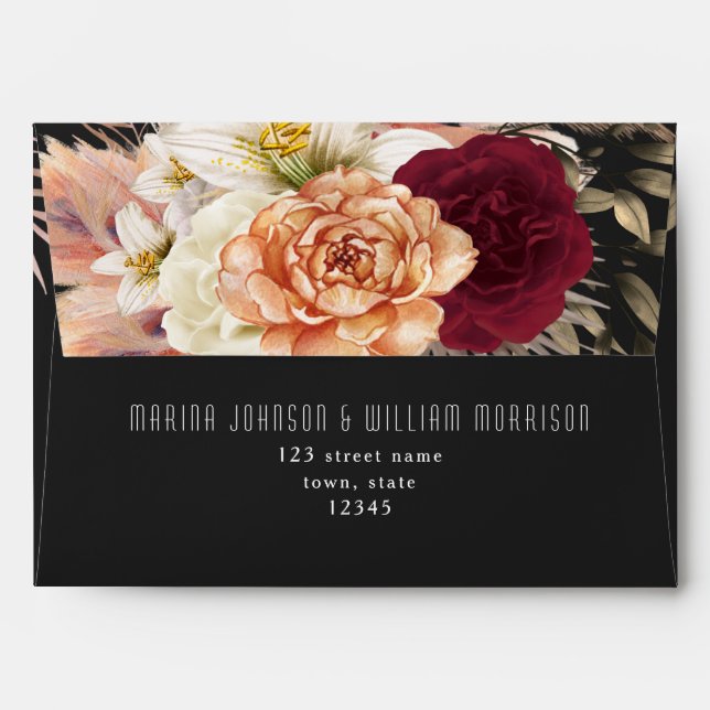 Floral Burgundy Red Black Envelope (Back (Top Flap))