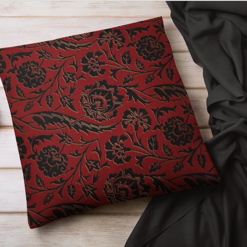 Floral Burgundy Red Black Flowers Bohemian Damask Throw Pillow