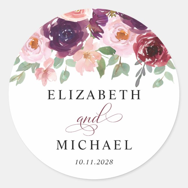 Floral Burgundy Red Blush Plum Watercolor Wedding Classic Round Sticker (Front)