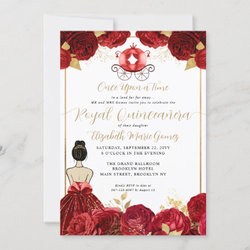 Floral Burgundy Red Cinderella Royal Quinceanera Invitation