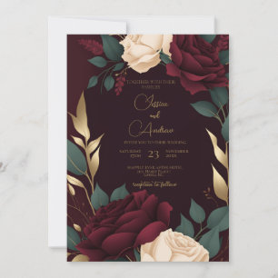 Floral Burgundy Red Cream Roses Luxury Weding Invitation
