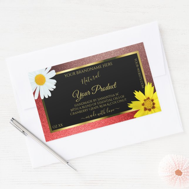 Floral Burgundy Red Glitter Black Product Labels (Envelope)