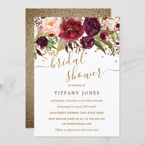 Floral Burgundy Red Gold Confetti Bridal Shower Invitation