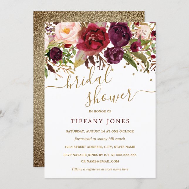 Floral Burgundy Red Gold Confetti Bridal Shower Invitation (Front/Back)