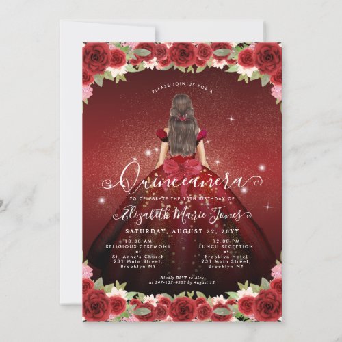 Floral Burgundy Red Gold Glam Princess Quinceanera Invitation