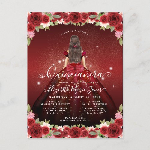 Floral Burgundy Red Gold Glam Princess Quinceanera Postcard