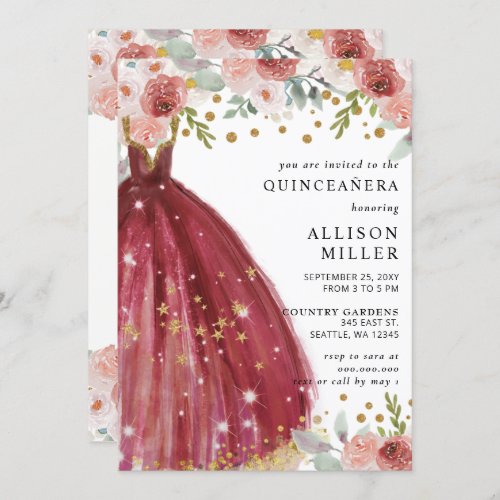 Floral Burgundy Red Gold Glitter Dress QUINCEAERA Invitation