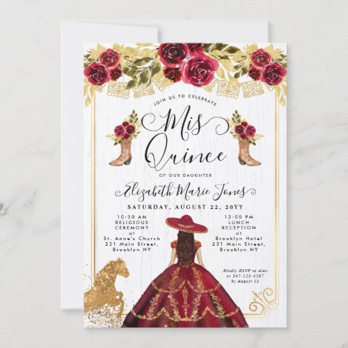 Floral Burgundy Red Gold Horse Charra Quinceanera Invitation