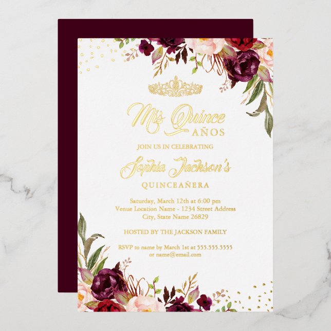Floral Burgundy Red Gold Quinceanera Foil Invitation (Front/Back)