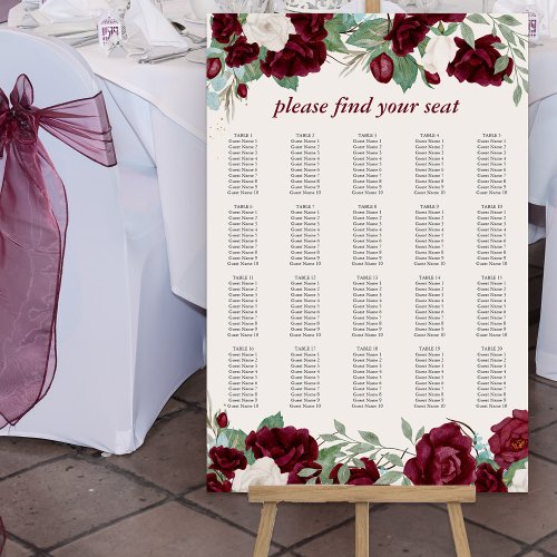 Floral Burgundy Red Roses 20 Table Seating Chart Foam Board