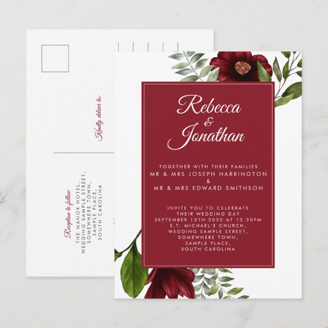 Floral Burgundy Red Wedding Invitation Postcard (Front/Back)