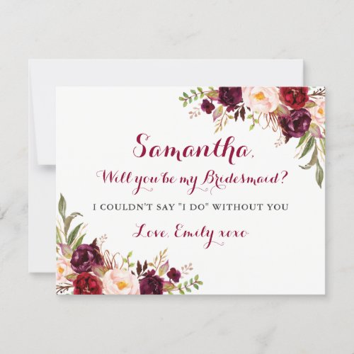 Floral Burgundy Red Will You Be My Bridesmaid Card