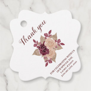 Floral Burgundy Rose Gold Glitter Thank You Favor Tags