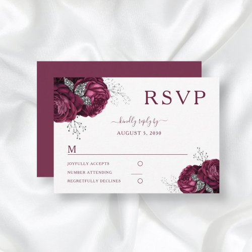 Floral Burgundy Roses Elegant Wedding RSVP Card