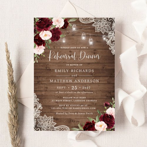 Floral Burgundy Rustic Wood Lace Rehearsal Dinner Invitation