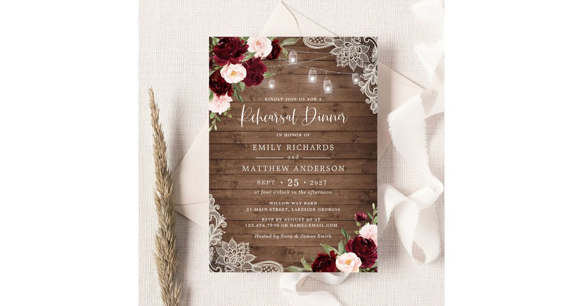 Floral Burgundy Rustic Wood Lace Rehearsal Dinner Invitation | Zazzle