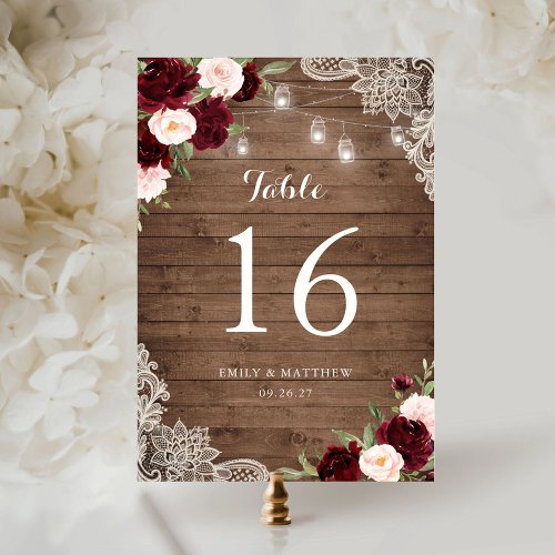 Floral Burgundy Rustic Wood Lace String Lights Table Number