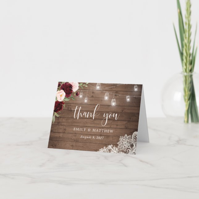 Floral Burgundy Rustic Wood Lace String Lights Thank You Card (Front)
