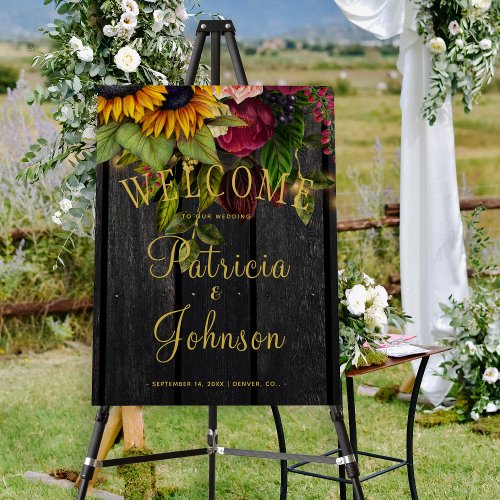 Floral burgundy rustic wood wedding welcome sign