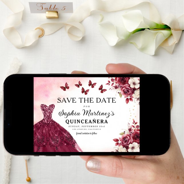 Floral Burgundy Save the Date Birthday Quinceanera (Front Digital)
