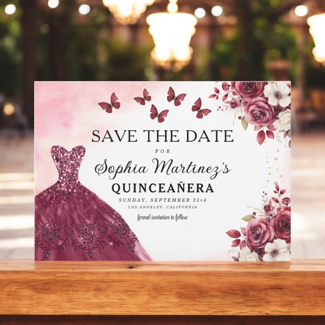 Floral Burgundy Save the Date Birthday Quinceanera (Creator Uploaded)