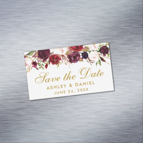 Floral Burgundy Save The Date Gold Mini Magnet