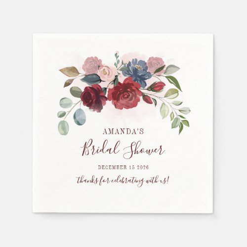 Floral Burgundy Script Bridal Shower Paper Napkins