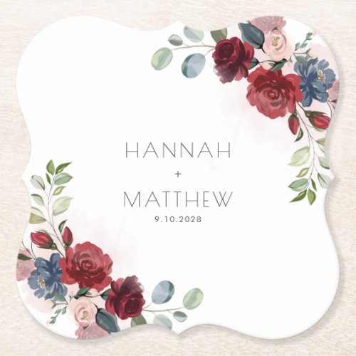 Floral Burgundy Script Chic Greenery Wedding  Paper Coaster