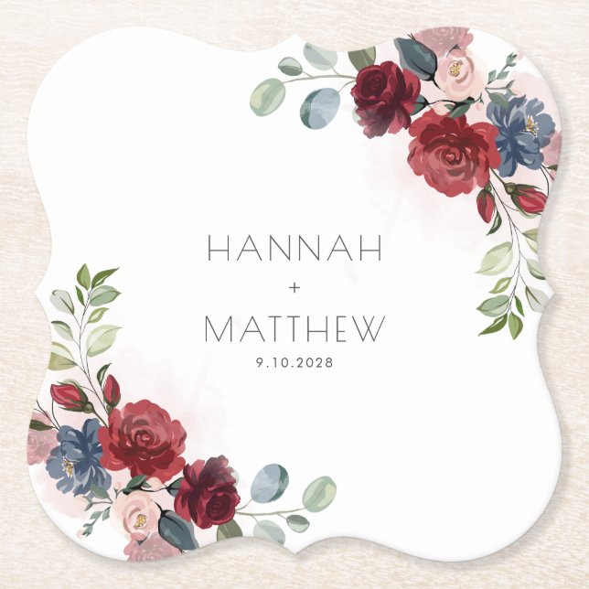 Floral Burgundy Script Chic Greenery Wedding  Paper Coaster (Front)